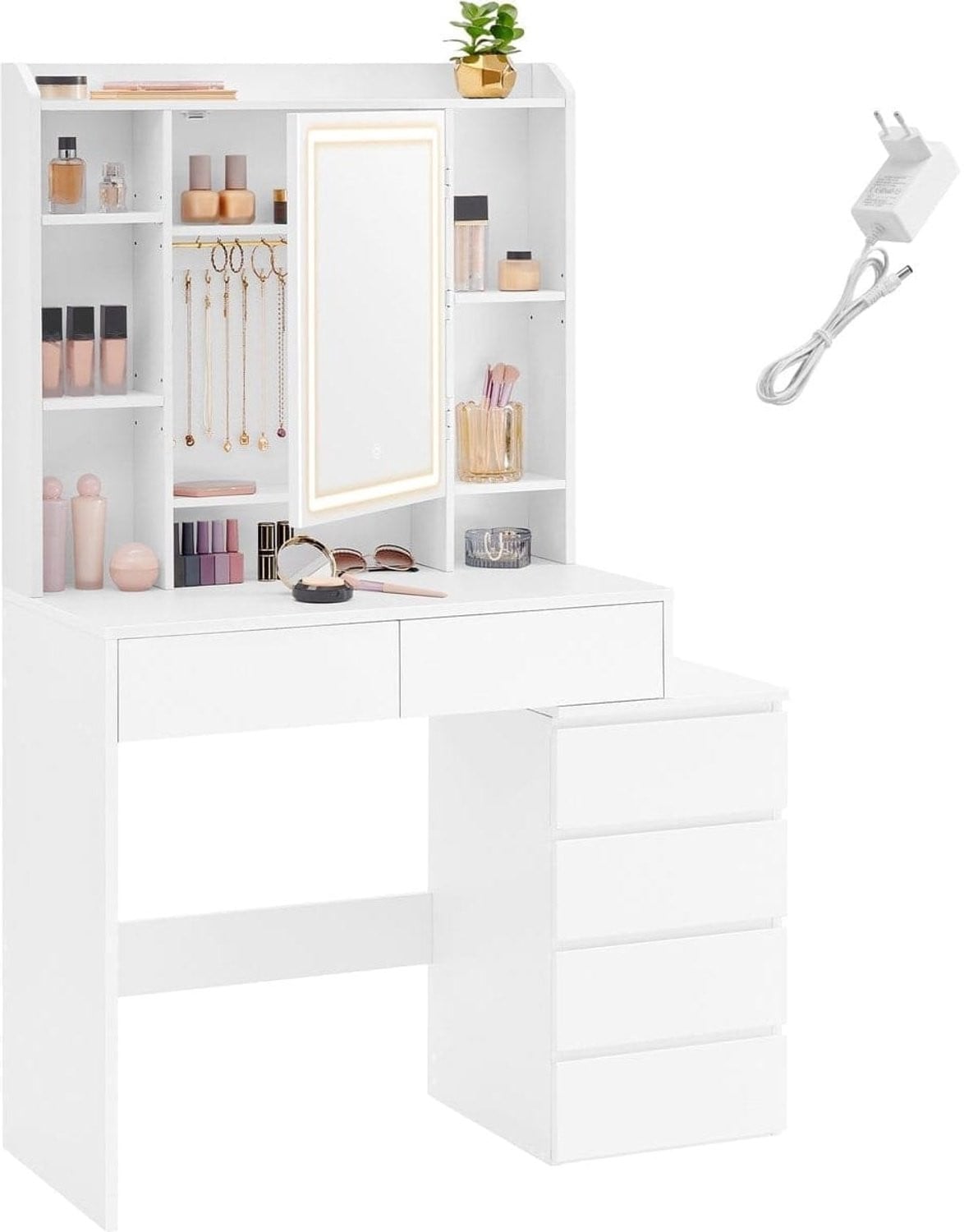 Klarven Kaptafel Wolkenwit met Spiegel, Led Verlichting met Instelbare Kleur, 6 Lades en 7 Open Vakken