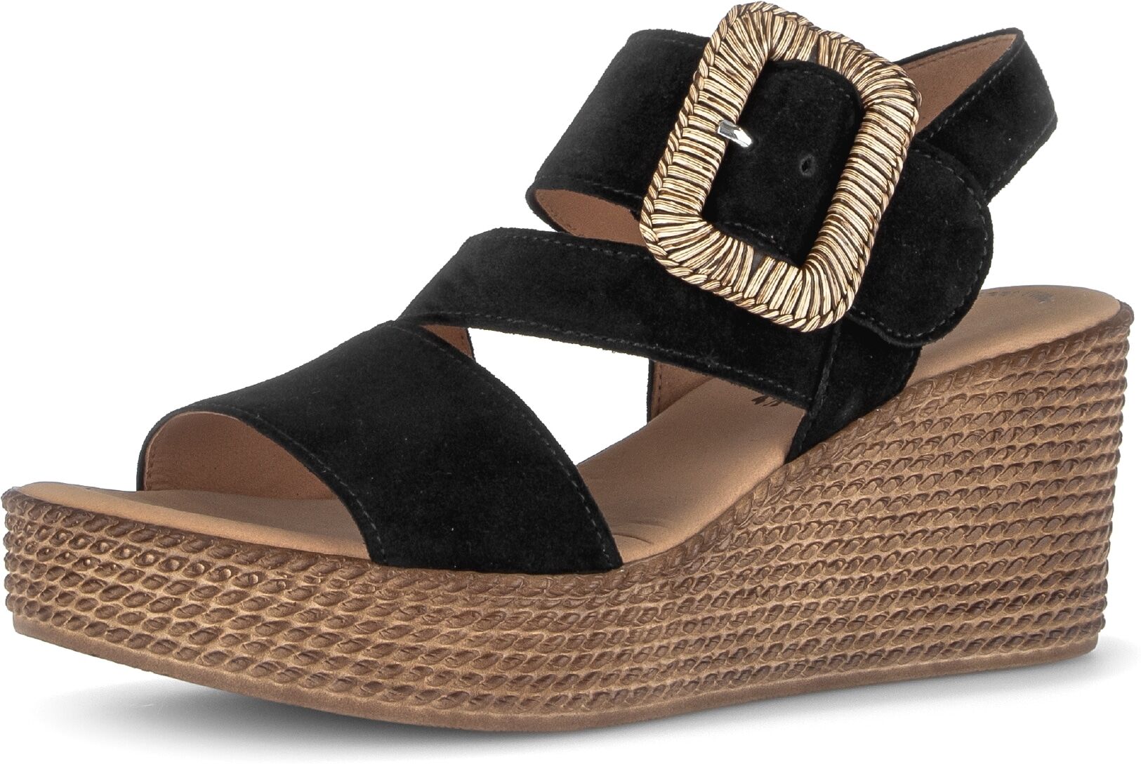 Keilsandalette GABOR, Damen, Gr. 40, Leder, schwarz, Veloursleder, unifarben, Schuhe, Sommerschuh, Riemchensandale mit auffälliger Zierschnalle