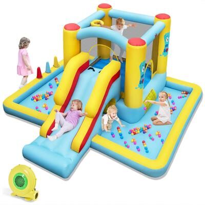 Kids Inflatable Bounce House Bouncy Castles w/ Ball Pit &Long Slide