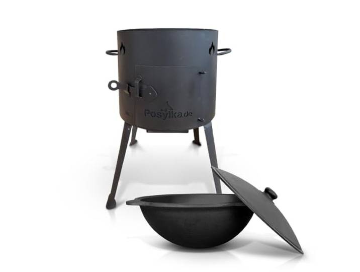 Utschak Feuerofen mit Gusseisen Topf flacher Boden mit Deckel (10 L) Kazan KazanoFF, Учаг, Outdoor, Feuerschale, Camping, Kasan, Gulaschkanone Dutch Oven (Set2)