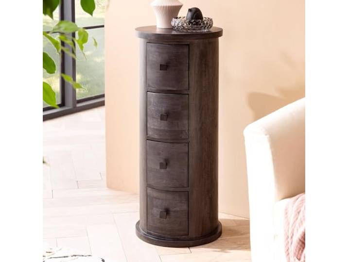 WOHNLING Kommode 34x34x85 cm Mango Massivholz Schwarz mit 4 Schubladen Beistellschrank rund modern, Schränkchen massiv für Flur und Bad, handgefertigtes Unikat, Sideboard Mini