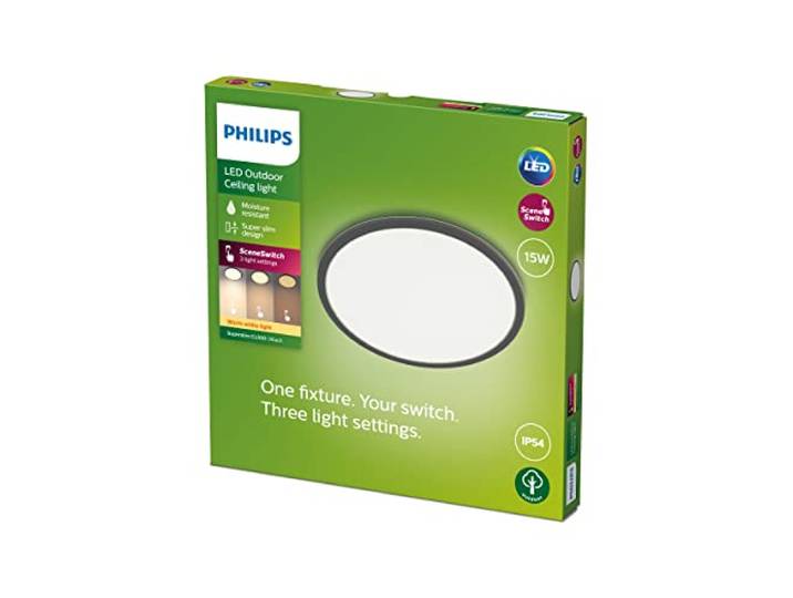 Philips Plafonnier Extérieur LED\, Noir\, Blanc Chaud\, Superslim 15W\, IP54 Résistant à l'Eau pour Jardin\, Patio et Éclairage de Terrasse.