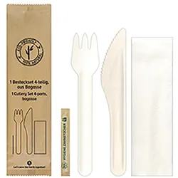 25x Bestecksets 4-teilig, aus Bagasse, naturweiß, 22cm, 25Sets