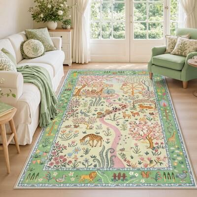 Bluebell Washable Kids Area Rug with Animal Floral Print, Low-Pile Nursery and Playroom Rug with Extra Non-Slip Grippers