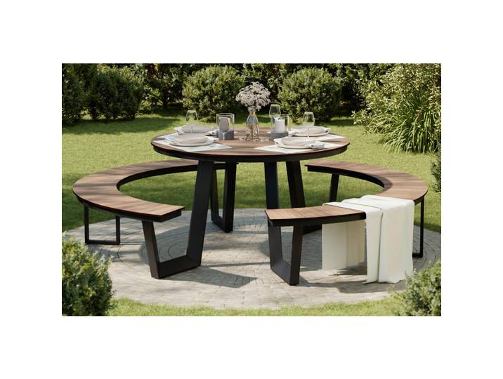 Ambia Garden Gartentischgruppe, Anthrazit, Teakfarben, Metall, Kunststoff, rund, 75 cm, Gartenmöbel, Gartentisch