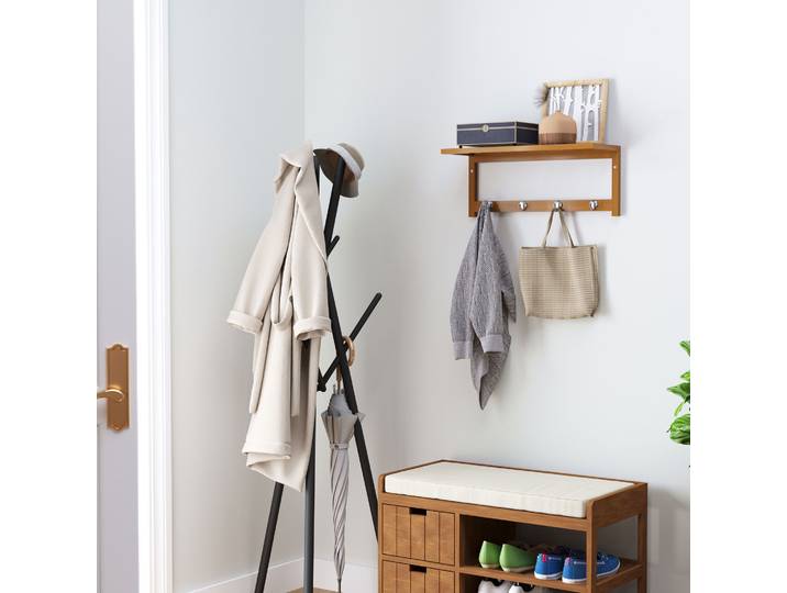 HOMCOM Porte-Manteau Mural Bambou - Étagère & 4 Patères