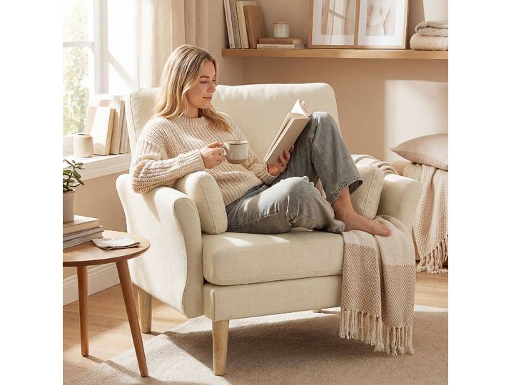 HOMCOM Fauteuil Velours Blanc Crème Pieds Bois Salon/Chambre