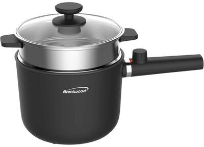Brentwood 1.5 Liter Multi-Function Electric Hot Pot Cooker in Black with Ceramic Non-Stick Coating and Stainless-Steel Food Steamer