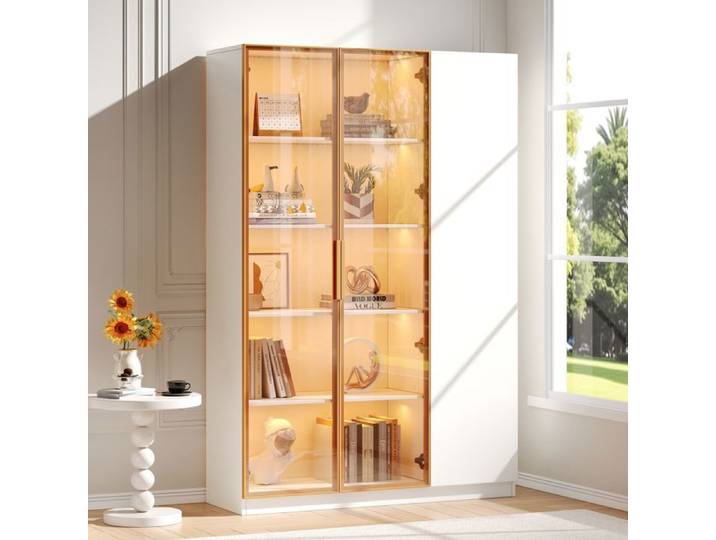 Vitrine 110x35x165cm Meuble Vitrine 3 Portes avec LED Multicolore Verre Sécurisé Étagères Réglables Blanc Bibliothèque