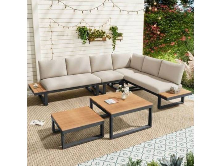 Mobilier d'angle extérieur ajustable 5 niveaux d'inclinaison plateau bois plastique