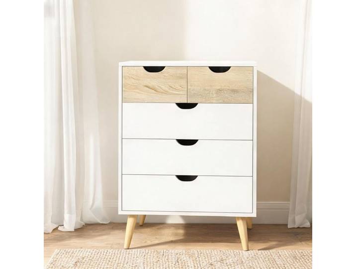 Commode scandinave 5 tiroirs blanc et chêne clair 60x40x77 5 cm - Rangement chambre