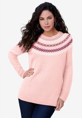 Plus Size Women's Fair Isle Pullover Sweater by Roaman's in Blush Classic Fair Isle (Size 12)