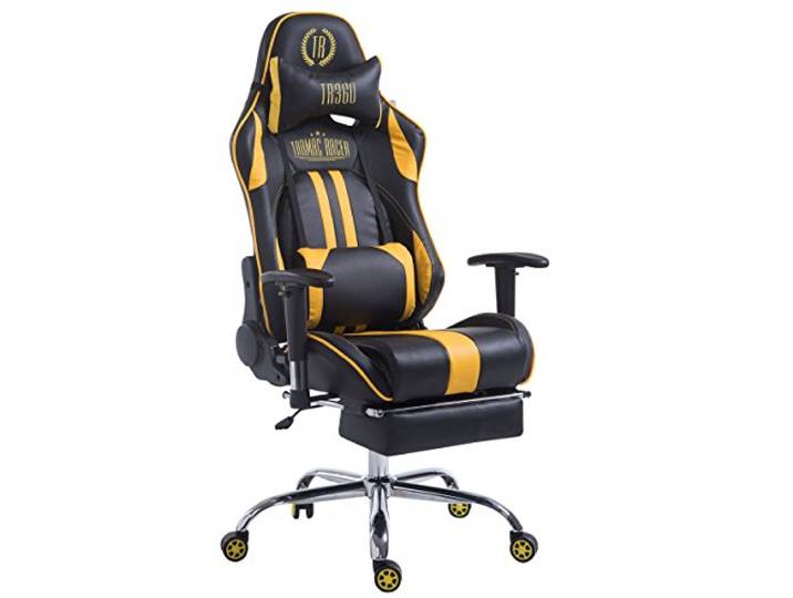 CLP Gaming Bürostuhl XL Limit mit Kunstlederbezug I Gamingstuhl mit Metallgestell I Schreibtischstuhl höhenverstellbar, Farbe: schwarz/gelb, Fußablage: mit Fußablage