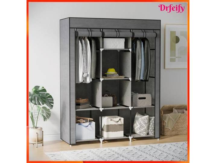 Armoire penderie multi-rangement - AKOZON - 8091 - 8 étagères - 2 barres - Non tissé gris