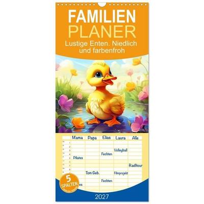 Familienplaner 2027 - Lustige Enten. Niedlich und farbenfroh mit 5 Spalten (Wandkalender, 21 x 45 cm) CALVENDO