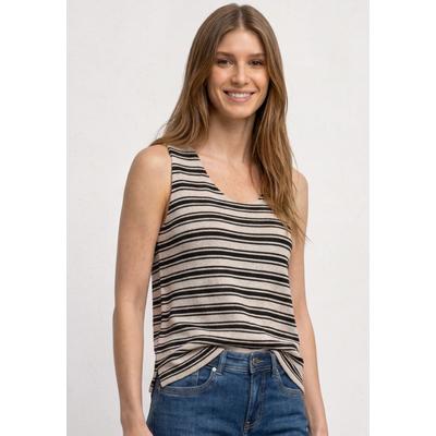 Stricktop STREET ONE, Damen, Gr. 46, beige (schwarz), Jersey, Obermaterial: 60% Viskose, 40% Polyester, gestreift, hüftlang, tiefer Rundhals, Tops Stricktop, Sommertop, tiefer Rundhalsausschnitt, Viskosemx