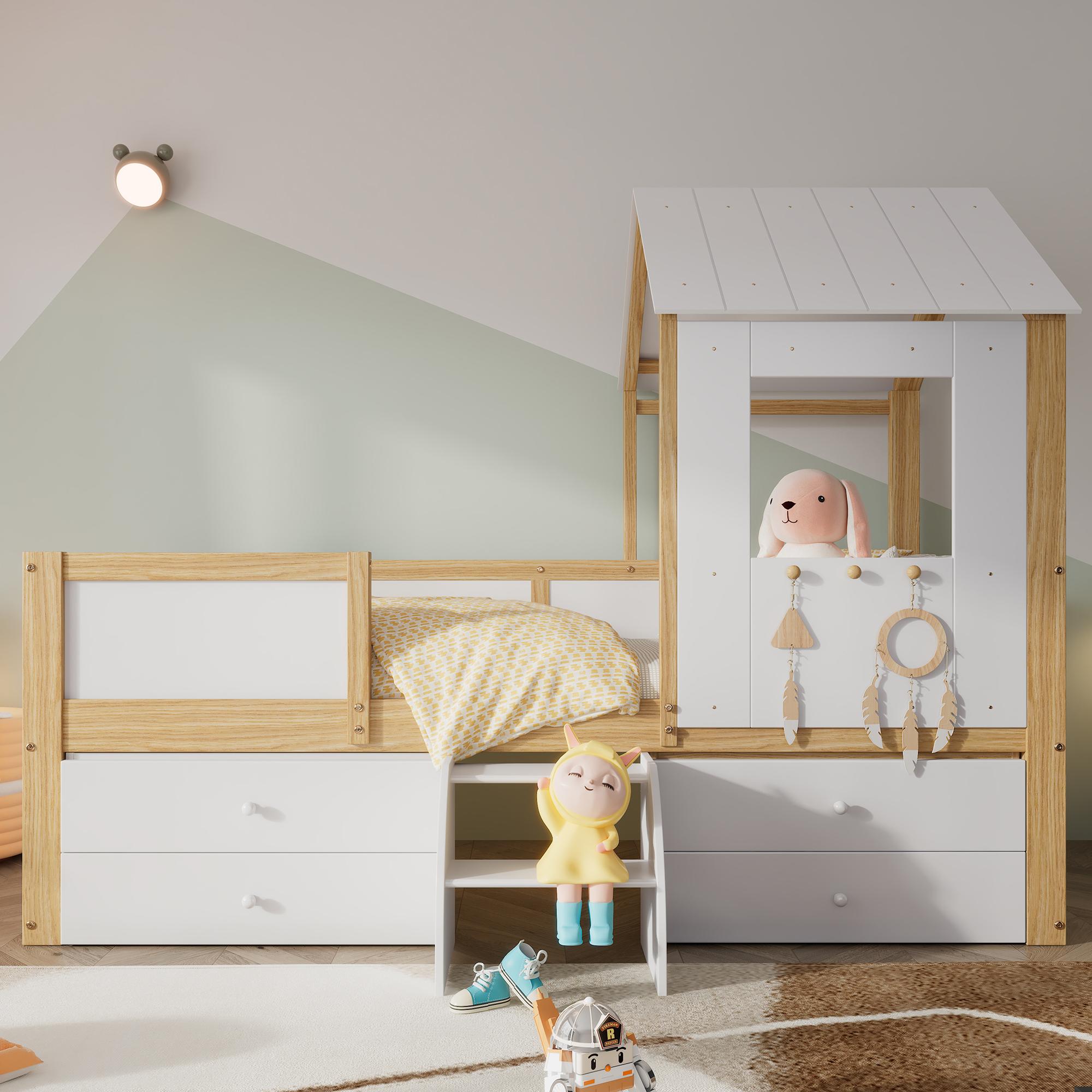 Sweiko Kinderbett, halbhohes Bett, Hausbett mit Dach und Fenster, Vierseitiger Zaun, mit 4 Schubladen und kleine Treppe, Kiefer+MDF+Sperrholz, Weiß+Natur, 90x200cm