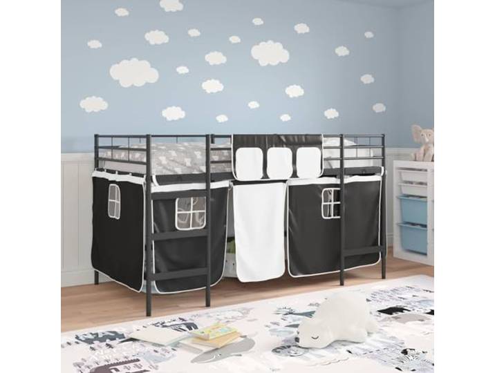 SKTQYQO Bettgestell Loft für Kinder, mit Vorhängen, Schwarz Pulverbeschichtetes Metall, atmungsaktive Netzvorhänge, Wand-Kopfteil, Matratze 100 x 200 cm