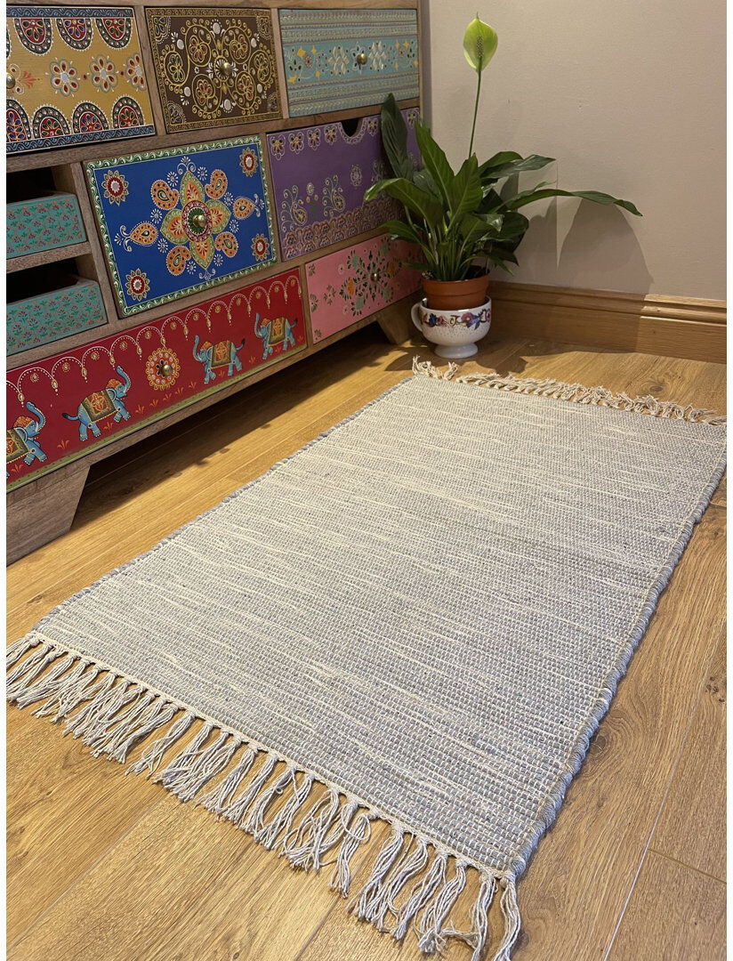 World Menagerie Edythe Cotton Hand Woven Area Rug Pale Grey Rectangle 90 x 150cm