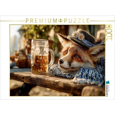 CALVENDO Puzzle Lustiger Fuchs mit Trachtenhut und Maßkrug am Tisch | 1000 Teile Lege-Größe 64x48cm Foto-Puzzle für glückliche Stunden