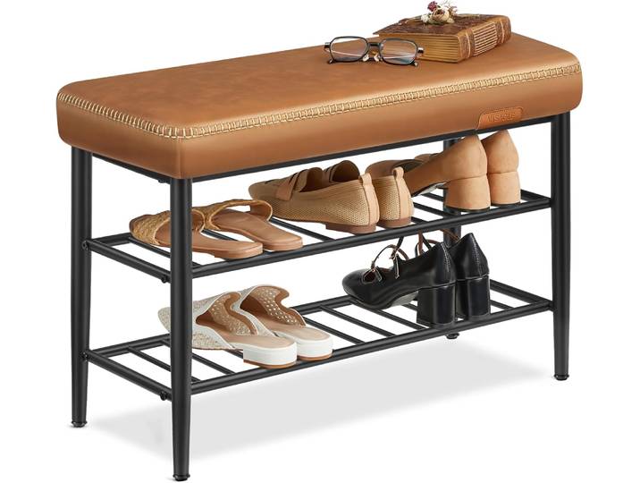 Schuhbank Mid-Century-Modern Kunstleder Karamellbraun