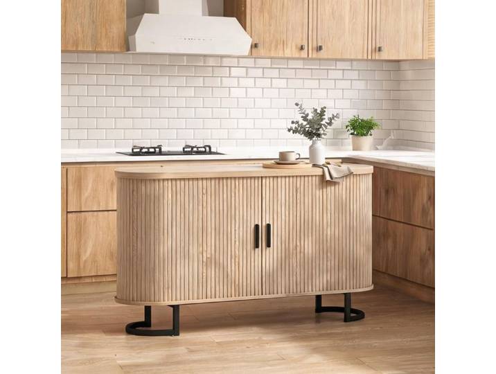 Buffet ovale à portes coulissantes rainurées bois naturel 6 compartiments 140x40x75 cm