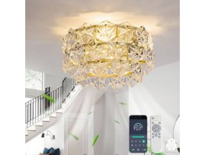 Ventilateur de plafond en cristal doré motif en losange pales en ABS 6 vitesses réglables (ampoule non incluse)