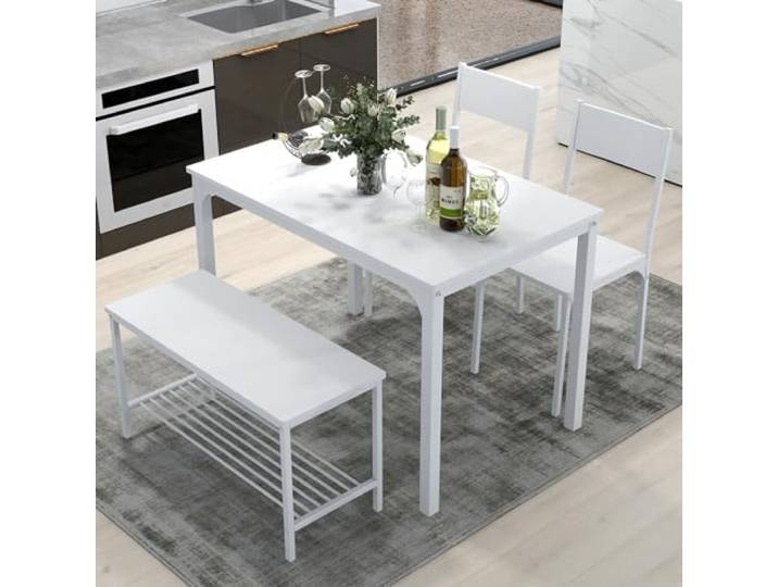 SogesHome Essgruppe Esstisch Set 4-teilig Esszimmertisch Möbel Tisch Set 2 Stühlen und Sitzbank mit Ablage aus Holz und Stahlgestell für Esszimmer Küche