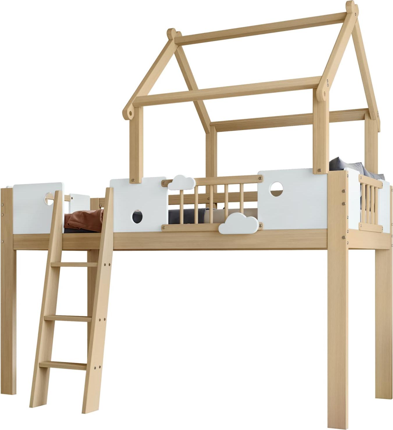 Hochbett, Kinderbett mit Fallschutz und Gitter, Einzigartiges Dachdesign, Mit Dreistufige Schrägleiter, Rahmen aus Kiefer, Kiefer+MDF+Sperrholz