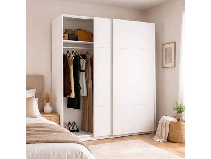 Dmora Kledingkast Saltoro, kledingkast voor slaapkamer, kledingkast met 2 schuifdeuren, 180 x 65 x 204 cm, wit