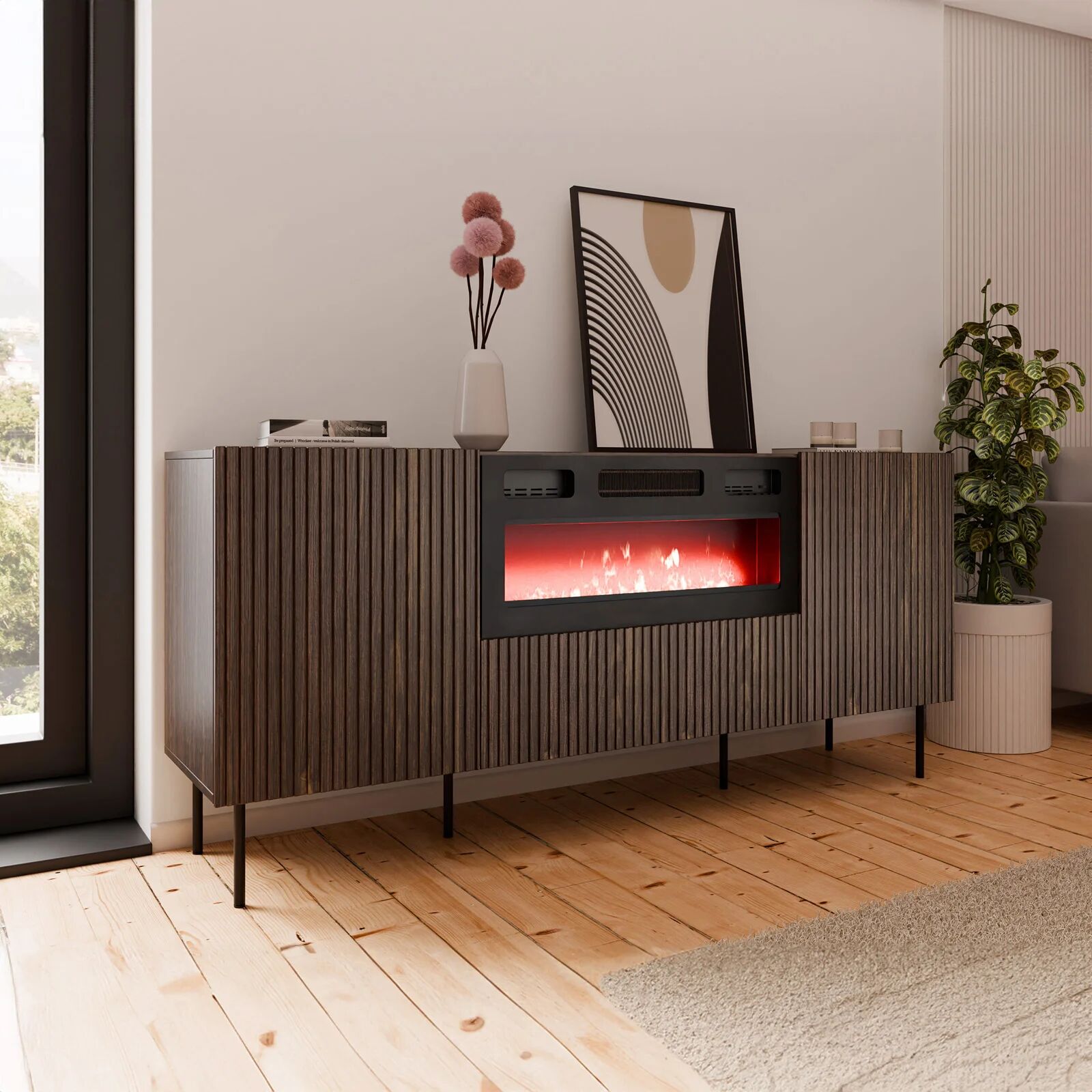 garneroarredamenti Madia moderna 181x81h cm 3 ante con caminetto elettrico noce cannettato Gabiot