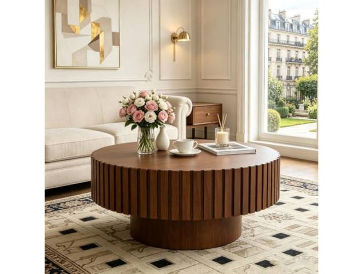 YPDOPORA Runder Couchtisch Mit Geriffelter Oberfläche,Runder Walnuss Runde Couchtische im Mid-Century-Modern-Stil mit stabilem Standfuß für Wohnzimmer und Wohnung