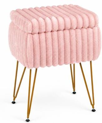 Costway Vanity Stool with Storage and Reversible Lid Faux Fur Upholstered Ottoman-Pink