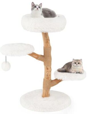 Costway Cat Tree Solid Pear Wood with Perch and Natural Jute Scratching Posts-White
