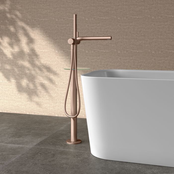 KEUCO Edition 400 Einhebel-Wannenmischer 51527290100 freistehend, mit Brauseschlauch und Stabhandbrause, Rotgold gebürstet