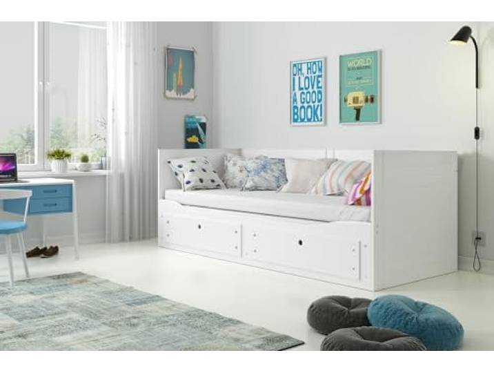 Interbeds Hermes Ausziehbares Bett Kojenbett 80x200 auf 160x200 cm Tagesbett Doppelbett Funktion Schlafsofa mit 2 Schubladen, MDF & Holz, Gästebett Kinder Jugend Erwachsene (weiß)