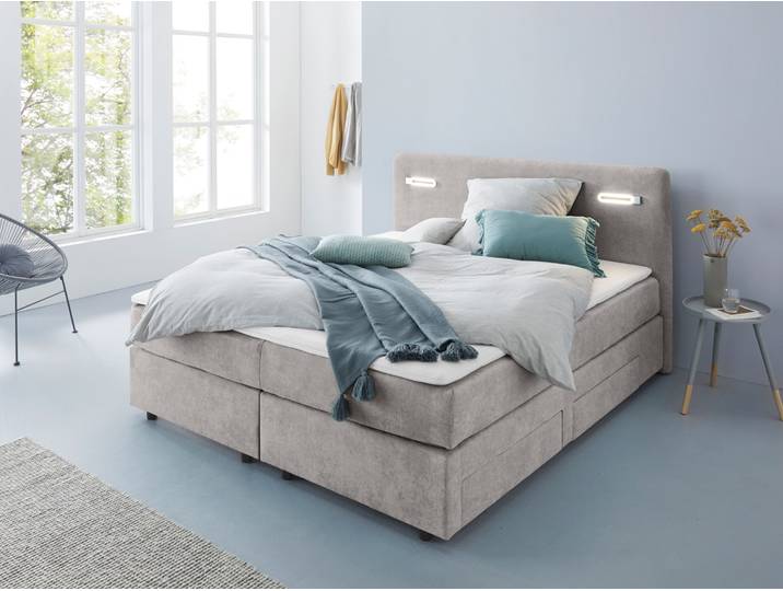 Boxspringbett, Polyester, Grau (Stone), 180×200 cm, Mit Schubkästen & LED-Beleuchtung, Modern, Inosign