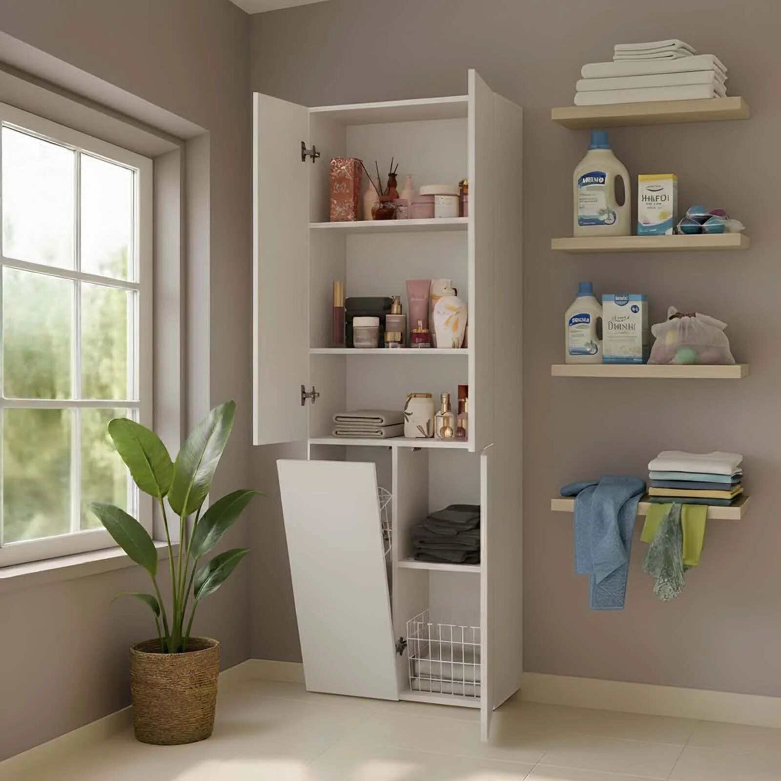 garneroarredamenti Armadio lavanderia 60x174h cm con cesto porta biancheria e 3 ante beige cashmere Melanie