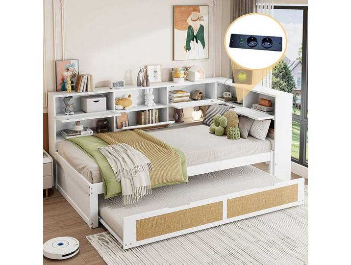 Canapé-lit - GUTENT - 90x200 cm - Bois massif - Lit gigogne - Blanc classique
