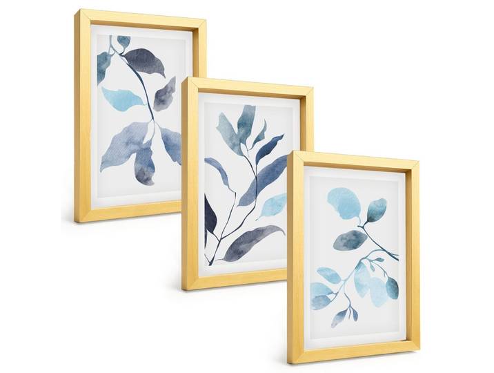 BILDER SET 3er Set - 20x30 cm Goldrahmen - Aquarell von blauen Blättern