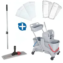 Reinigungswagen Bayersan Profi Set 2 mit Korb Doppelfahrwagen 2x25 L, Mopphalter, Telestiel, Möppe, Korb