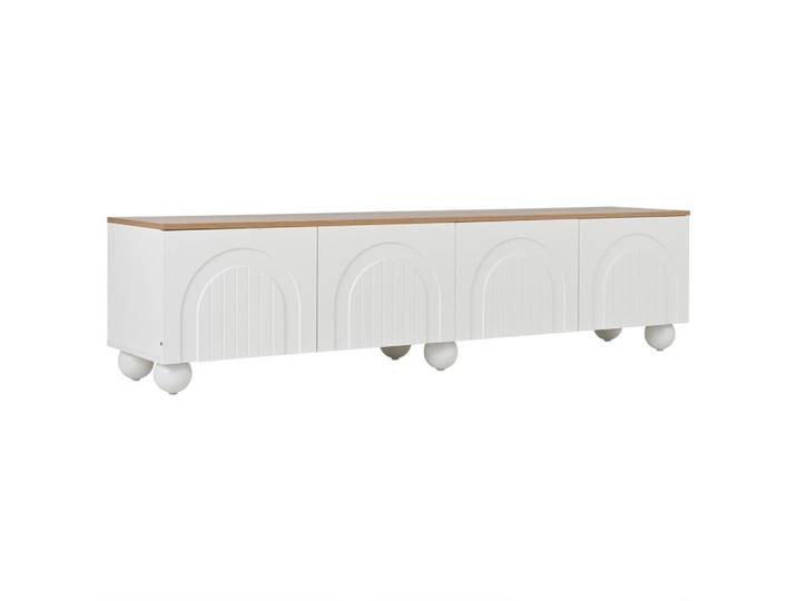 ComfortXL Lowboard De-40370 4 Türen mit geschwungenem Rillen-Design Weiß, 180x45x40 cm, Wohnzimmer, TV Möbel, Lowboards, Lowboards stehend