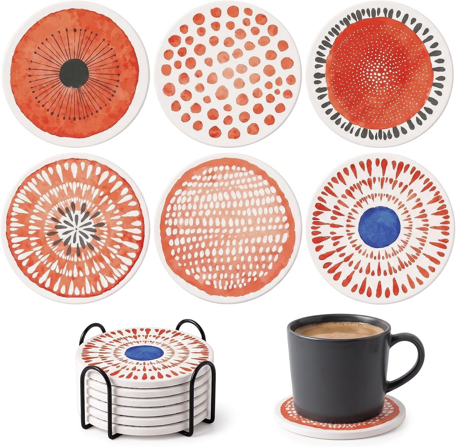 Set van 6 herbruikbare ronde keramische onderzetters met korkenhouder voor dranken en decoratie