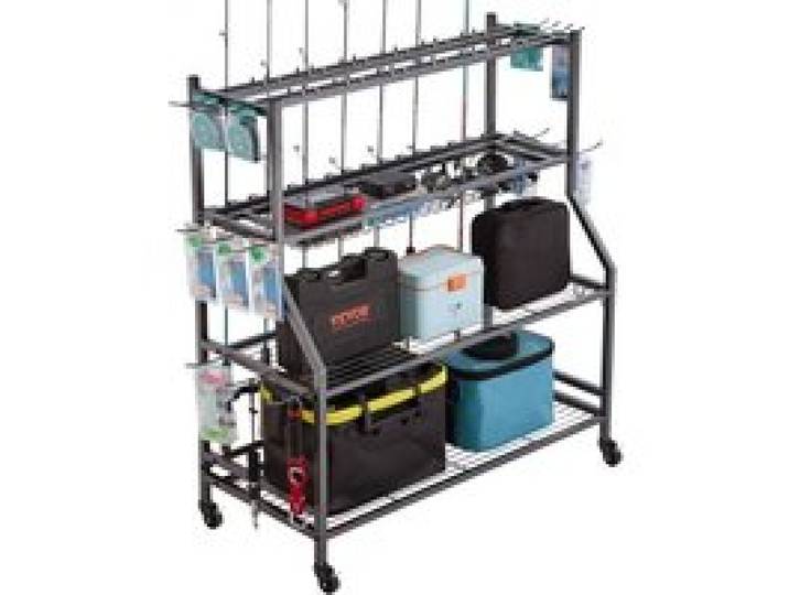 VEVOR Support de canne à pêche à 15 pôles, chariot mobile à roulettes pour canne à pêche, pour garage, maison, intérieur, pour rangement de boîtes de pêche, moulinets, accessoires, cadeaux pour hommes