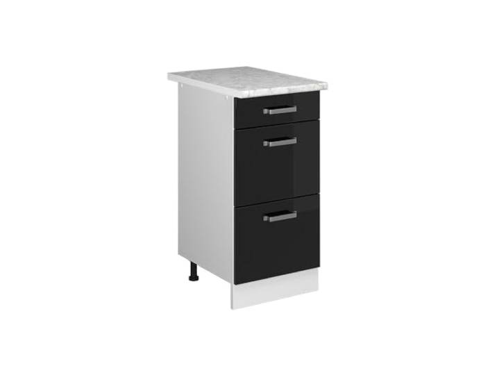 Vicco Küchenunterschrank R-Line, Schwarz Hochglanz, 40 cm 3 Schubladen · Arbeitsplatte Marmor · Höhenverst. Füße · Metallgriffe · Frei kombinierbar