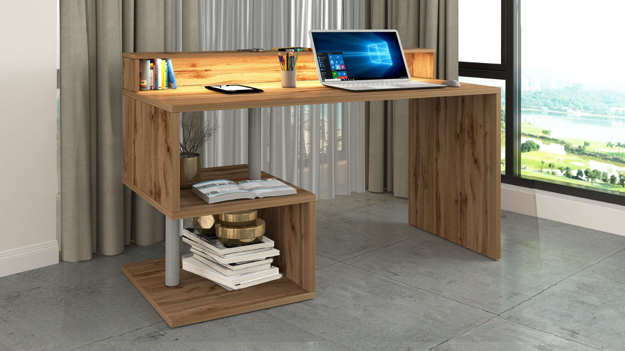 Schreibtisch HOME AFFAIRE "Esse, modernes Design", braun (wotan eichefarben, wotan eichefarben), B:140cm H:92,5cm T:60cm, Tische, Schreibtisch, in verschiedenen Breiten, mit und ohne Monitoraufsatz, Made in Italy wotan eichefarben, wotan eichefarben B/H/T