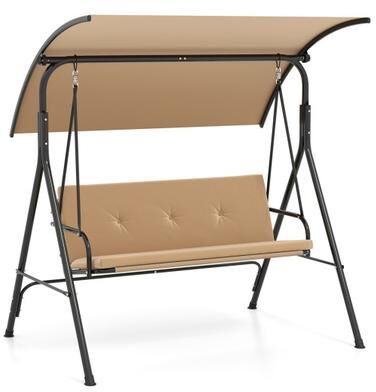 Costway Patio Swing Chair with Adjustable Canopy & Removable Cushion and Metal Stand-Beige