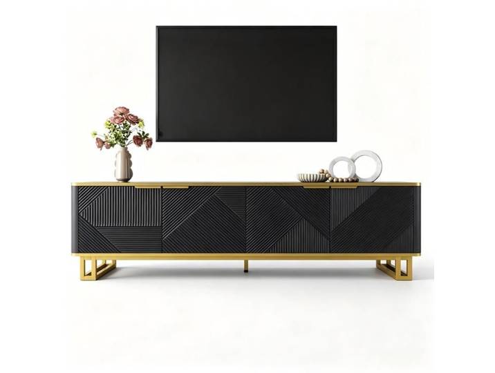 Meuble TV - Meuble TV 160 cm - Noir brillant - Relief géométrique 3D - Cadre en fer