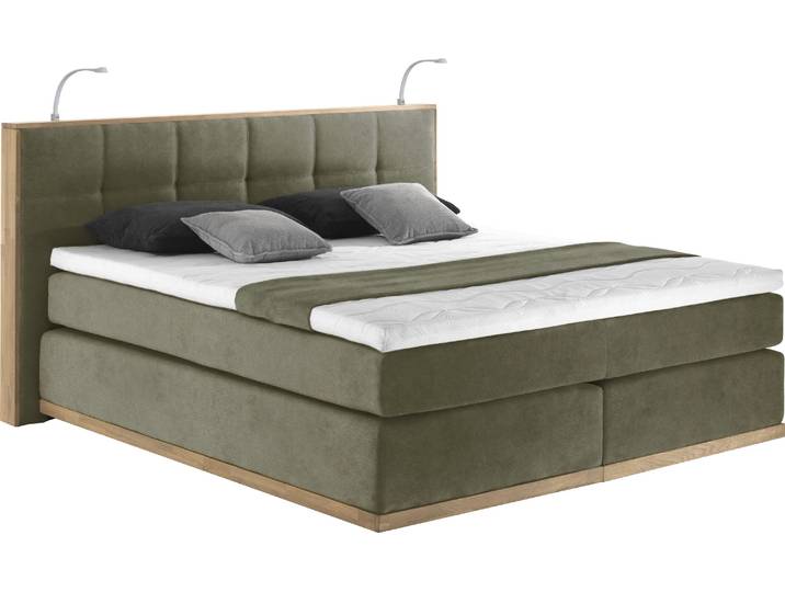 Boxspringbett, 200x213 cm, Eiche, Grün, LED-Beleuchtung, Modern & Vintage