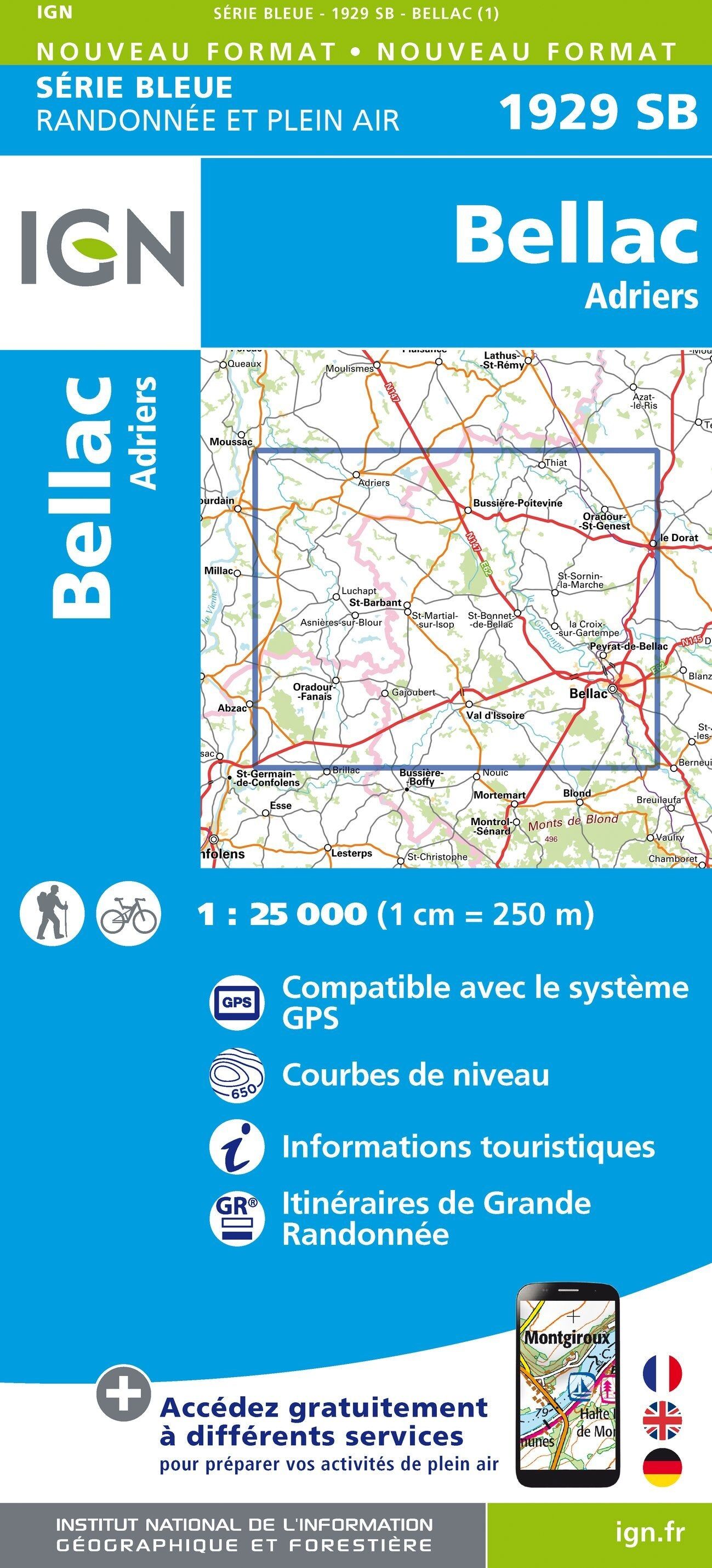 Carte de randonnée IGN Série Bleue n° 1929 - Bellac, Adriers